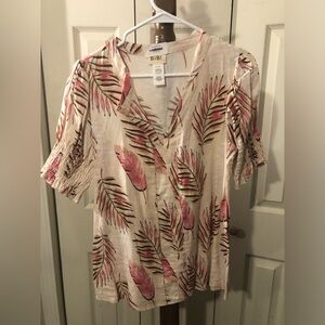 BiBi Tropical Palm V-Neck Blouse in Cream and Pink